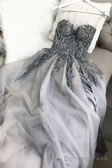 Gray Sweetheart Tulle Lace Long Prom Dress Gray Tulle Formal Dress