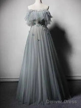 Gray Tulle A-Line Off Shoulder Prom Dress,