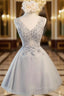 Gray Tulle Appliques V Neck Homecoming Dresses