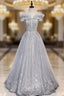 Gray Tulle Beaded Long A-Line Prom Dresses, Cute Evening Party Dresses