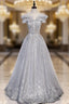 Gray Tulle Beaded Long A Line Prom Dress, Cute Prom Dresses