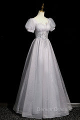 Gray Tulle Beaded Long Prom Dresses, A-Line Short Sleeve Evening Party Dresses