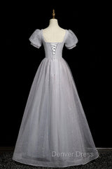 Gray Tulle Beaded Long Prom Dresses, A-Line Short Sleeve Evening Party Dresses