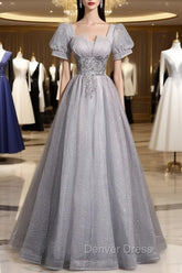 Gray Tulle Beaded Long Prom Dresses, A-Line Short Sleeve Evening Party Dresses
