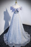 Gray Tulle Beaded Long Prom Dress, Off the Shoulder Prom Dresses with Bow