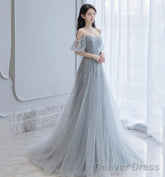 Gray Tulle Beads Long A Line Prom Dress Evening Dress