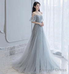 Gray Tulle Beads Long A Line Prom Dress Evening Dress