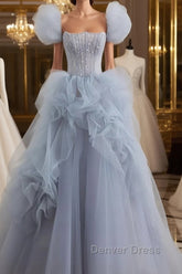 Gray tulle beads long prom Dresses, gray tulle formal Dresses