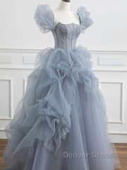 Gray tulle beads long prom Dresses, gray tulle formal Dresses