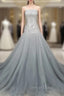 Gray Tulle Beads Long Prom Dress Gray Tulle Prom Graduation Dresses