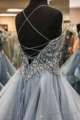 Gray Tulle Beads Long Prom Dress Gray Tulle Long Evening Dress
