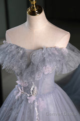 Gray Tulle Floor Length Prom Dress, Beautiful A-Line Off The Shoulder Evening Party Dress