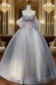 Gray Tulle Floor Length Prom Dress, Off the Shoulder Prom Dresses