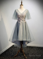 Gray Tulle Hig Lo V-neck Short Sleeve Beading Prom Dress