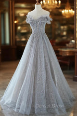 Gray Tulle Lace Floor Length Evening Dresses, Off the Shoulder Prom Dresses