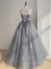 Gray Tulle Lace Long Prom Dresses, Gray Ball Gown Formal Dresses