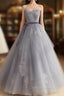 Gray Tulle Lace Long Prom Dress, Gray Ball Gowns Prom Dresses