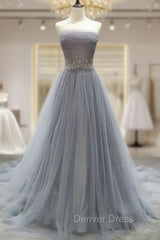 Gray Tulle Lace Long Prom Dresses, Gray Blue Tulle Lace Evening Dresses