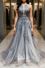 Gray tulle lace long prom Dresses gray tulle lace formal Dresses