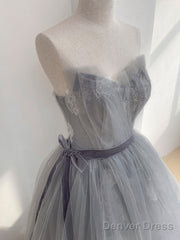 Gray Tulle Lace Long Prom Dress, Gray Tulle Sweet 16 Dress