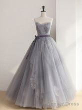 Gray Tulle Lace Long Prom Dress, Gray Tulle Sweet 16 Dress