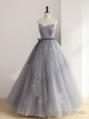 Gray Tulle Lace Long Prom Dress, Gray Tulle Sweet 16 Dress