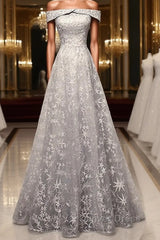 Gray tulle lace long prom Dresses, lace tulle bridesmaid Dresses