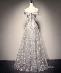 Gray tulle lace long prom Dresses, lace tulle bridesmaid Dresses