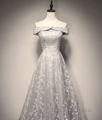 Gray tulle lace long prom Dresses, lace tulle bridesmaid Dresses