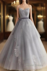 Gray Tulle Lace Long Prom Dresses Sweet 16 Dresses A Line Off Shoulder December Wedding Guest Dresses