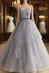 Gray Tulle Lace Long Prom Dresses Sweet 16 Dresses A Line Off Shoulder December Wedding Guest Dresses