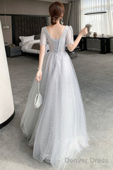 Gray Tulle Lace Long Prom Dresses, A-Line Evening Dresses