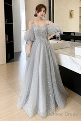 Gray Tulle Lace Long Prom Dresses, A-Line Evening Dresses