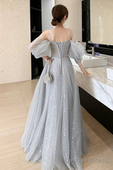 Gray Tulle Lace Long Prom Dresses, A-Line Evening Dresses