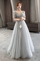 Gray Tulle Lace Long Prom Dresses, A-Line Evening Dresses