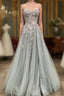 Gray Tulle Lace Long Strapless Prom Dress, A Line Prom Dresses