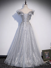 Gray Tulle Lace Sequin Long Prom Dress, Gray Tulle Formal Dress