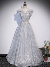 Gray Tulle Lace Sequin Long Prom Dress, Gray Tulle Formal Dress