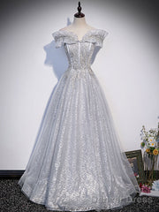 Gray Tulle Lace Sequin Long Prom Dress, Gray Tulle Formal Dress