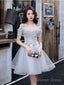 Gray Tulle Lace Short Prom Dress Gray Lace Homecoming Dress