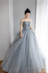 Gray Tulle Layers Long Prom Dress, A-Line Strapless Formal Evening Dress