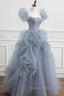 Gray Tulle Long A Line Prom Dress, Gray Short Sleeve Prom Dresses