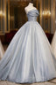 Gray Tulle Long A Line Prom Dresses, Gray Strapless Prom Gowns