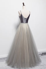 Gray Tulle Long A-Line Prom Dress, V-Neck Spaghetti Straps Evening Dress