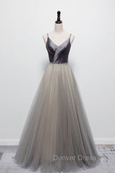 Gray Tulle Long A-Line Prom Dresses, V-Neck Spaghetti Straps Evening Dresses