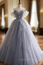 Gray Tulle Long Floral Prom Dresses, Gray Tulle Long Lace Formal Evening Dresses