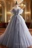 Gray Tulle Long Prom Dress, Off Shoulder Prom Dress