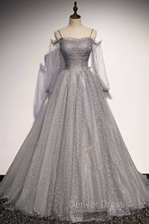 Gray Tulle Long Sleeve A-Line Prom Dresses, Spaghetti Straps Formal Evening Dresses