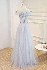 Gray tulle off shoulder lace long prom Dresses gray tulle formal Dresses