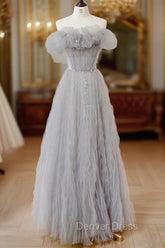 Gray Tulle Off Shoulder Long Prom Dresses, Gray Evening Dresses